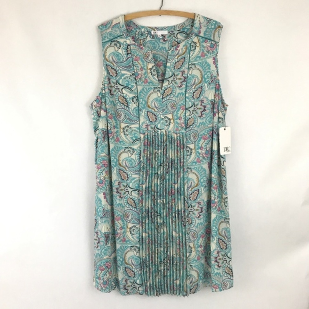 DR2 Daniel Rainn Teal Paisley Pleated Shift Dress